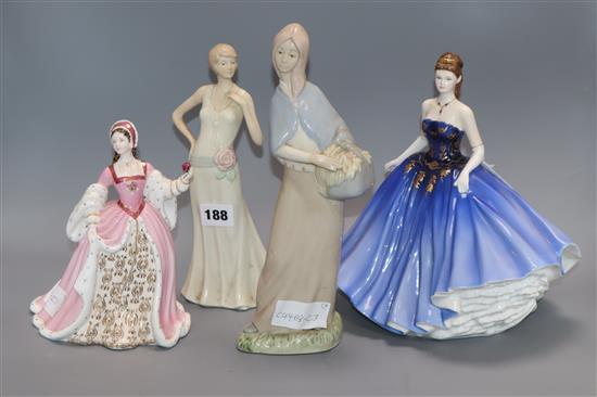 A Royal Doulton figure Abigail, a Wedgwood figure of Anne Boleyn and two others